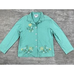N Touch Blazer Womens Medium Floral Green Linen Blend Embroidered Slit